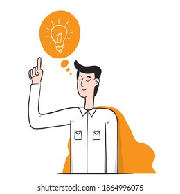 Man pointing a finger on speech bubble with idea sign. Innovation, imagination, creativity concept illustration in vector cartoon style.