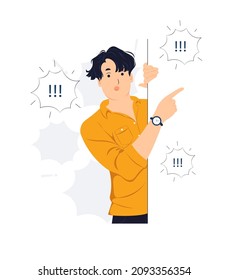 Man pointing finger on wall while startled, shocked, Surprised, speaking, listening, hearing, whispering, and Pay attention concept illustration