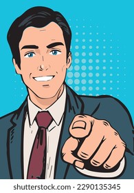 Man pointing finger pop art retro style. We are waiting for you.