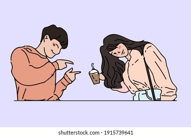 Man pointing a finger and posing cute to his girlfriend. Cute pose of couple in love hand drawn style vector design illustration