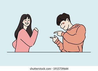 Man pointing a finger and posing cute to his girlfriend. Cute pose of couple in love hand drawn style vector design illustration