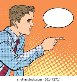 A man pointing a finger. Man proving the facts. Man explaining something. Speaking man. Handsome young businessman giving advice. Concept idea of advertisement and promo. Halftone background.