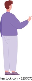 Man pointing finger rear view. Male character showing something isolated on white background