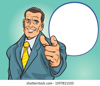 Man pointing finger retro style pop art. We are waiting for you with copy space
