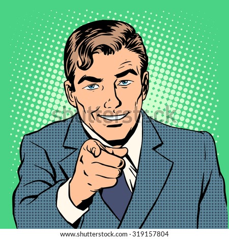 Man pointing finger retro style pop art. We are waiting for you