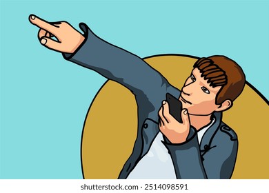 Hombre que señala el dedo y que habla en la Ilustración vectorial del espacio de la copia del teléfono móvil