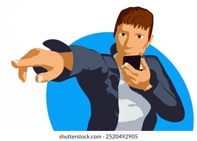 man pointing finger and talking on mobile phone copy space vector illustration no line
