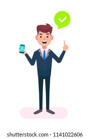 Man pointing finger up, holding the smartphone. Check mark in the speech bubble up next to him.