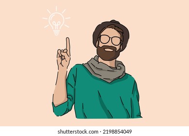 Man pointing finger up. Men got an idea. Flat image