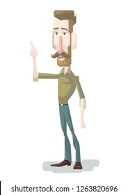 Man pointing up finger while standing and smiling. Man pointing copy space. Emotion and body language concept in cartoon style vector illustration. - Vector