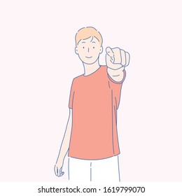 Man pointing finger at you smiling happy.Hand drawn style vector design illustrations.