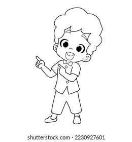 Hombre señalando dedos en diferentes direcciones aislados en fondo blanco, caricatura, página de color