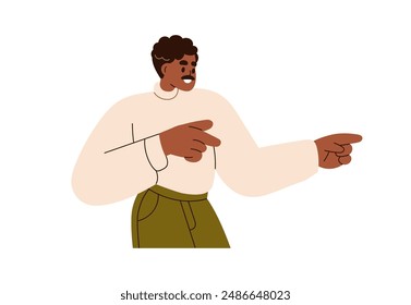 Man pointing with fingers, showing hand gesture. Happy smiling male indicating direction, presenting, advertising with excited emotion expression. Flat vector illustration isolated on white background