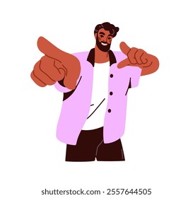 Man pointing forward, choosing you. Happy smiling confident male character, hand gesture, showing with fingers, wanting and needing expression. Flat vector illustration isolated on white background