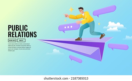 Man pointing forward on a paper plane flying in the sky. Business Innovation, Startup or Aim Achievement Landing Page Template. Creative Successful Project. go to target business success. Vector