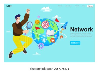 Man pointing at globe. Global network connection. World map point and line composition concept of global business. Social media communication. technology, global data concept. Vector illustration.