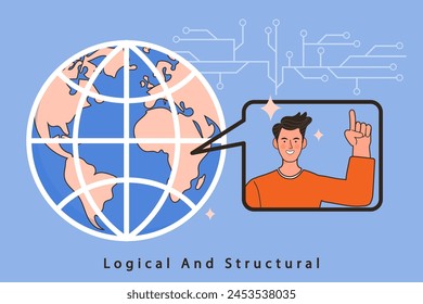 Man pointing at globe. Global network connection. World map point and line composition concept of global business. Social media communication. technology, global data concept. Vector illustration.