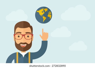 A Man pointing the globe icon. A contemporary style with pastel palette, light blue cloudy sky background. Vector flat design illustration. Horizontal layout with text space on right part.