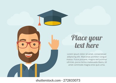 A Man pointing the graduation cap icon. A contemporary style with pastel palette, light blue cloudy sky background. Vector flat design illustration. Horizontal layout with text space on right part.