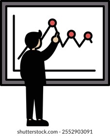 Um homem está apontando para um gráfico em um quadro branco. O gráfico mostra uma tendência descendente. O homem provavelmente está explicando os dados para outra pessoa