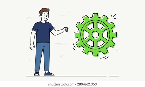 Man pointing at green gear