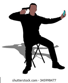 Man pointing a gun at his head, suicide concept, vector 