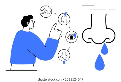 Hombre señalando íconos de salud que representan dolor de garganta y cabeza, irritación ocular y secreción nasal. Ideal para asesoramiento médico, concienciación sobre la salud, síntomas de resfriado, educación sanitaria e infografía