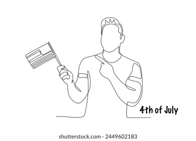 Man pointing at held united states flag . 4th of july one-line drawing