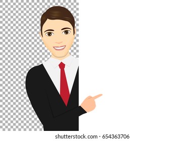 Man pointing her finger up. Male pointing around a sign. Vector illustration. Eps 10