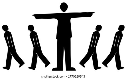 Hombre apuntando sus brazos en dos direcciones y gente caminando. Vector. Silhouette. Icono.