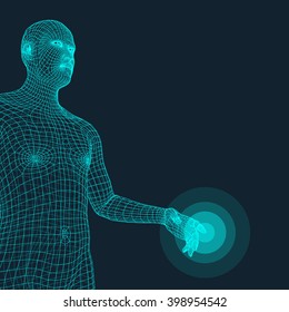 Man Pointing his Finger. 3D Model of Man. Geometric Design. Vector Illustration. 3d Polygonal Covering Skin. Human Polygon Body. Human Body Wire Model.  