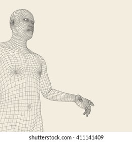 Hombre Apuntando su Dedo. Modelo 3D de hombre. Diseño Geométrico. Modelo de cable corporal humano.  