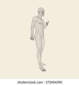 Hombre Apuntando su Dedo. Modelo 3D de hombre. Diseño Geométrico. Ilustración vectorial. 3 quinquies Cubierta Polígona Piel. Cuerpo de polígono humano. Modelo de cable corporal humano. 