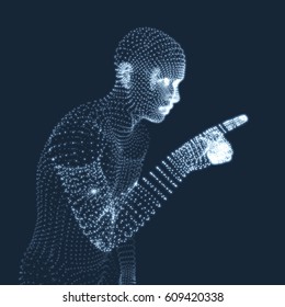 Man Pointing his Finger. 3D Model of Man. Geometric Design. Vector Illustration.
