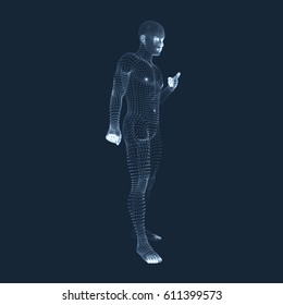 Hombre Apuntando su Dedo. Modelo 3D de hombre. Diseño Geométrico. Ilustración vectorial. 