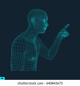 Man Pointing his Finger. 3D Model of Man. Geometric Design. Vector Illustration. 3d Polygonal Covering Skin. Human Polygon Body. Human Body Wire Model.