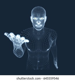 Man Pointing his Finger. 3D Model of Man. Geometric Design. Vector Illustration. 
