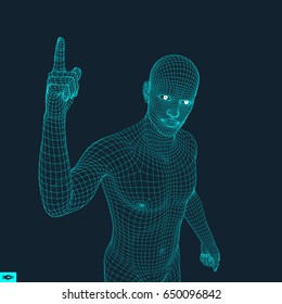 Hombre Apuntando su Dedo. Modelo 3D de hombre. Diseño Geométrico. Ilustración vectorial. 3 quinquies Cubierta Polígona Piel. Cuerpo de polígono humano. Modelo de cable corporal humano.