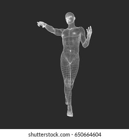 Man Pointing his Finger. 3D Model of Man. Geometric Design. Vector Illustration. 3d Human Body Wire Model.
