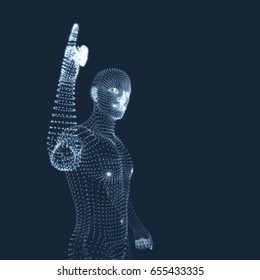 Man Pointing his Finger. 3D Model of Man. Geometric Design. Vector Illustration. 