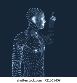 Mann, der auf seinen Finger zeigt. 3D-Modell des Menschen. Geometrisches Design. Vektorgrafik.