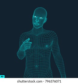 Man Pointing his Finger. 3D Model of Man. Geometric Design. Vector Illustration. 3d Polygonal Covering Skin. Human Polygon Body. Human Body Wire Model.