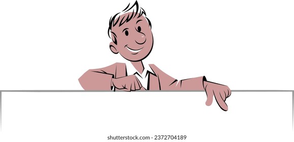 Man pointing his finger.
Color vector illustration of a cartoon man character peeking over a sign and pointing at it.