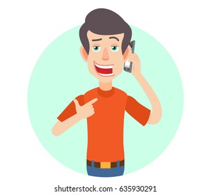 Man pointing his finger at the mobile phone that he talks. Portrait of Cartoon Man in red t-shirt. Vector illustration in a flat style.