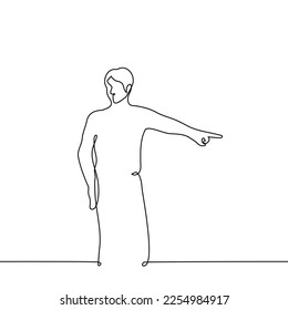 man pointing his finger off frame - one line drawing vector. concept to translate arrows, to blame someone, to catch in a hurry