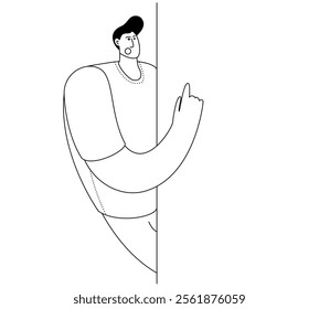 Man pointing his finger at something important. Vector illustration to attract attention. Cartoon outline style. Design element