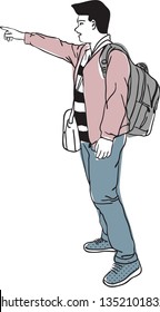 The man is pointing his index finger wanting to figure something.