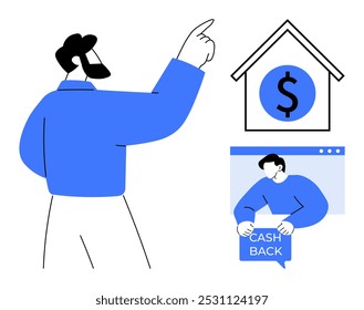 Homem apontando para uma casa com um símbolo de dólar, e outra pessoa segurando uma placa de cashback em uma tela. Ideal para finanças, imóveis, investimentos, transações on-line e temas de comércio eletrônico. Simples