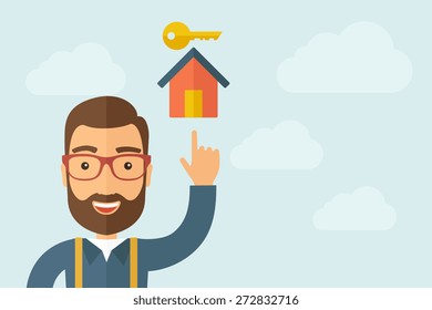 A Man pointing the house with key icon. A contemporary style with pastel palette, light blue cloudy sky background. Vector flat design illustration. Horizontal layout with text space on right part.