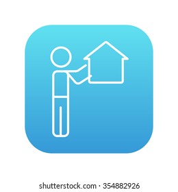 Man pointing at the house line icon for web, mobile and infographics. Vector white icon on the blue gradient square with rounded corners isolated on white background.
